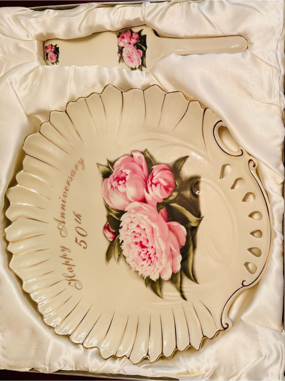 Royale Elfreda 50th Anniversary Pink Floral Cake Plate and Server-Fine Porcelain